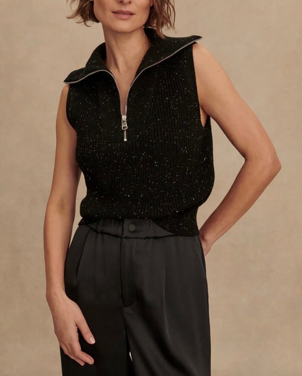 NWT Varley Amina Half-Zip Ribbed Sleeveless Knit Sweater Vest Fall Black Small